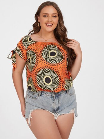Plus Orange Tropical Print Tie Sleeve Blouse