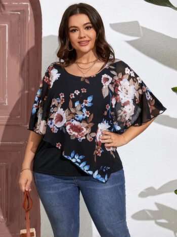 Plus Black Flolral Disty Batwing Sleeve Blouse