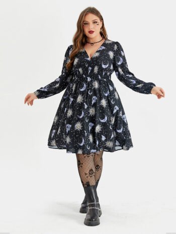 Halloween Print V-Neck Lantern Sleeve Midi Dress