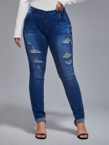 Plus Mid Rise Distressed Rolled cuffs Skinny Jeans