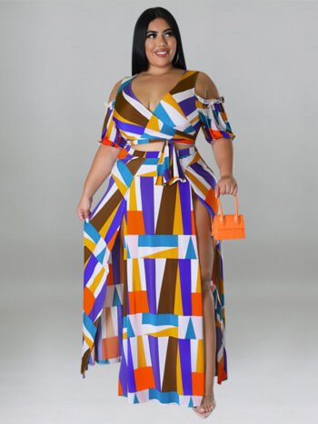 Geo Print Cold Shoulder Wrap Top & Thigh Split Skirt Set