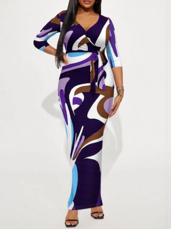 Allover Print V Neck Wrap Belted Dress