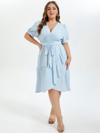 V-Neck Puff Sleeve Ruffle Trim Tie Front Midi Dress
