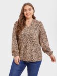 Leopard Print V-Neck Lantern Sleeve Blouse