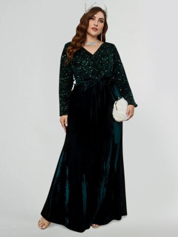 Sequin V Neck Belted Velvet Dress