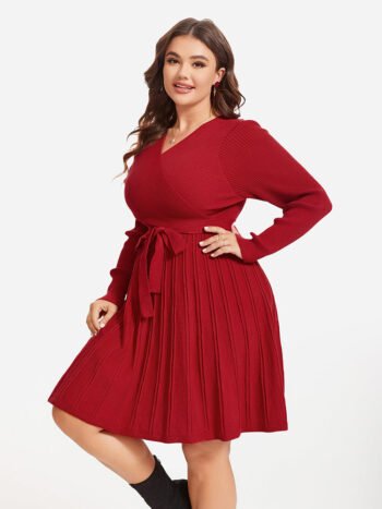 Pleated Hem Belted Sweater Dress