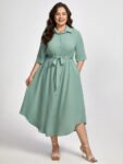 Plus Shirt Collar Pocket Button  Belted Dress