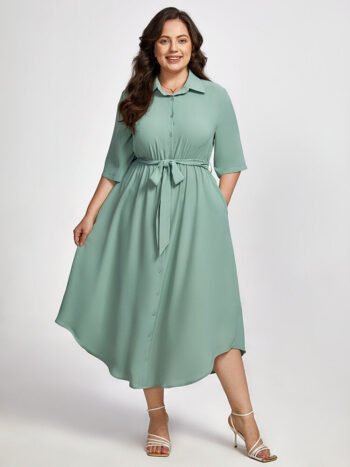 Plus Shirt Collar Pocket Button  Belted Dress