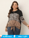 Plus Leopard Round Neck Patchwork Tie Front Ruched Blouse