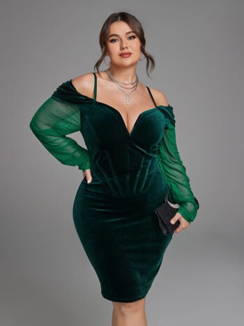 Contrast Mesh Cold Shoulder V Neck Velvet Dress