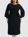 Plus Black Solid Tie Lantern Sleeves Midi Knit Dress