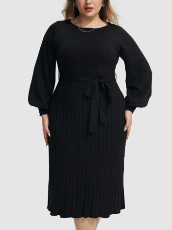 Plus Black Solid Tie Lantern Sleeves Midi Knit Dress