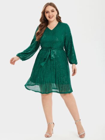 V-Neck Lantern Sleeve Belted Sequin Party Dress