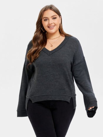 V-Neck Drop Shoulder Split Hem Sweater