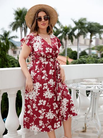 Plus Red Floral Ruffle Sleeve Warp Dress