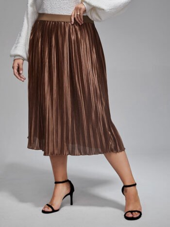 Plus Elastic Waist Pleated Midi Skirt