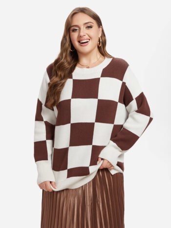Checkered Pattern Drop Shoulder Split Hem Sweater