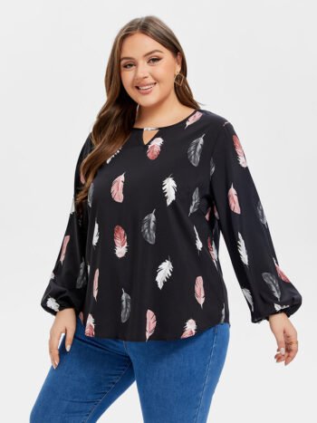 Plus Black Feather Print Cut Out Blouse