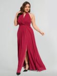 Plus Burgundy Halter Bow Neck Backless High Slit Maxi Dress