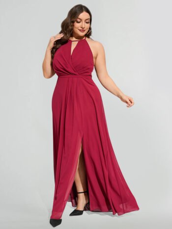Plus Burgundy Halter Bow Neck Backless High Slit Maxi Dress