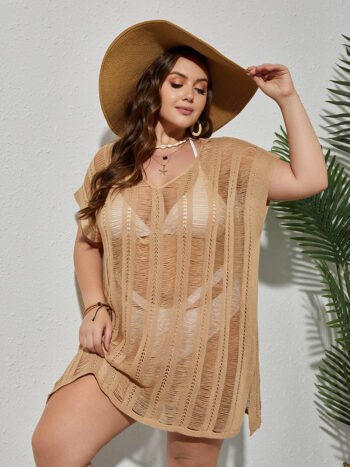 Plus Beige Open Stitch Cover Up