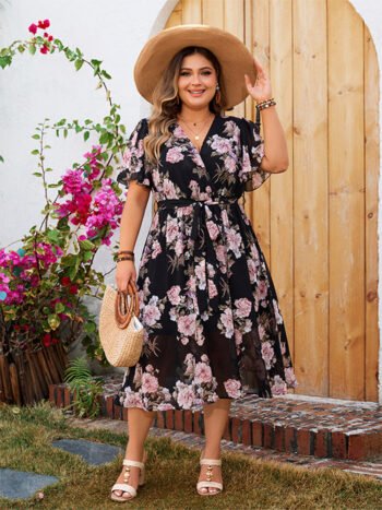 Floral Print Flutter Sleeve Wrap Belted Dress