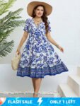 Plus Blue Floral Puff Sleeve Ruffle Hem Elastic Waist Midi Dress