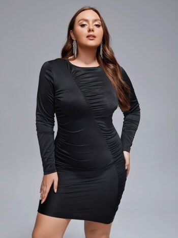 Plus Black Irregular Shirred Bodycon Dress