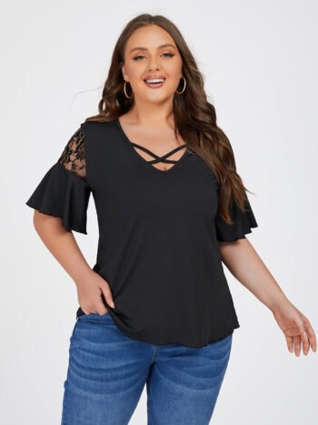 Cut Out Lace Patchwork Sleeve Tee