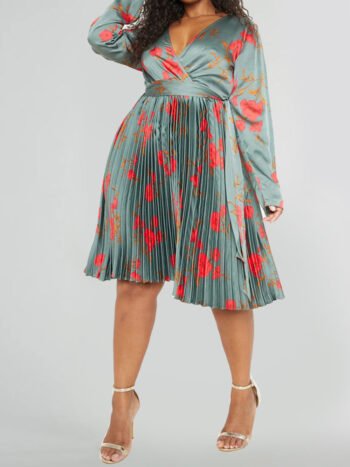 Emerald Sage Green Floral Print Pleated Dress