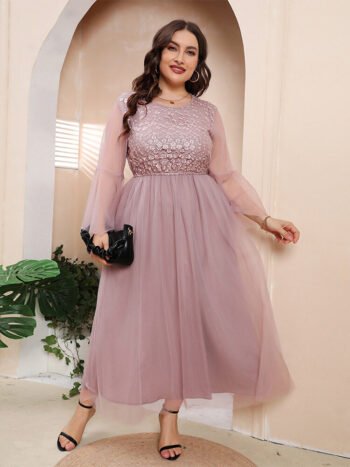 Plus Floral Embroidery Mesh Patchwork Ruffle Party Maxi Dress