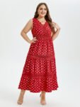 Gold Dot Print Guipure Lace Insert Ruffle Hem Maxi Dress