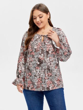 Floral Print Tie Neck Flounce Sleeve Blouse