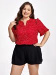 Plus Red Polka Dot V-Neck Frill Trim Sleeves Blouse