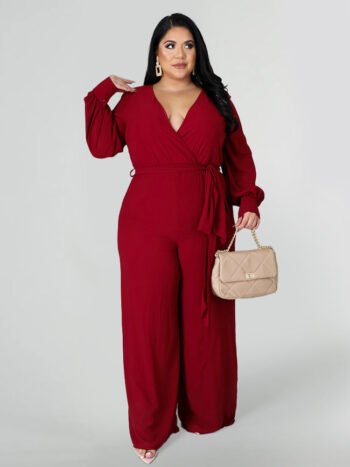 Solid Wrap V Neck Lantern Sleeve Belted Jumpsuit