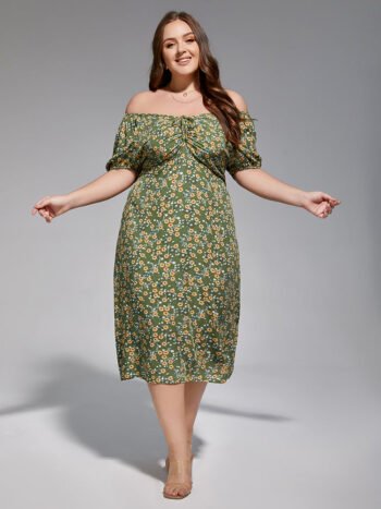 Plus Sage Green Off-Shoulder Ruched Tie Front Midi Dress