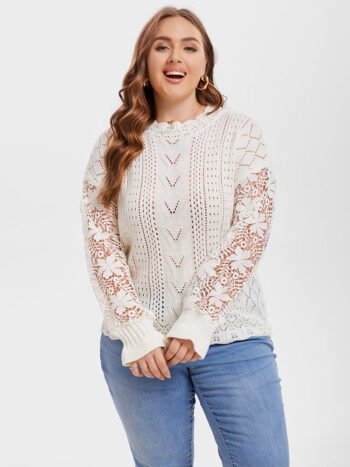Contrast Lace Drop Shoulder Pointelle Knit Sweater