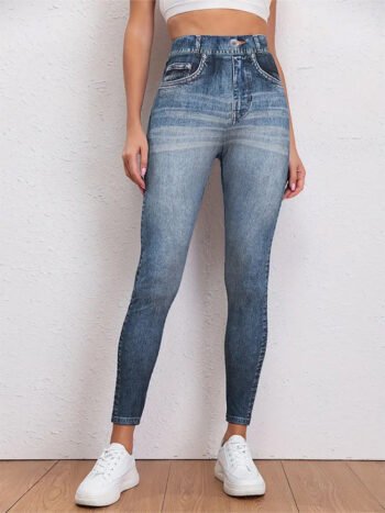Denim-Effect Print Elastic Waist Jeggings