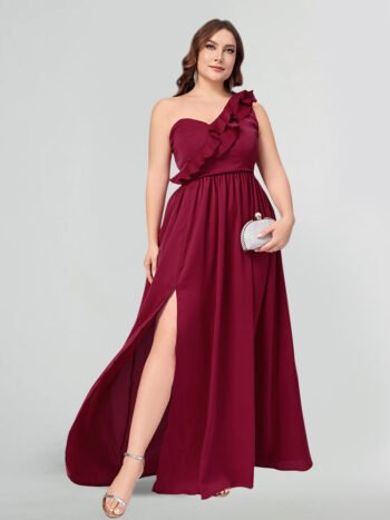 Plus Burgundy One-Shoulder Ruffle High Slit Maxi Dress