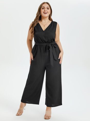 V-Neck Belted Wide Leg Tank Jumpsuit
