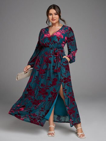 Floral Print Wrap Belted Velvet Dress with Pockets