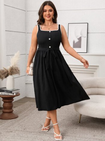 Contrast Button Front Belted Sleeveless Dress