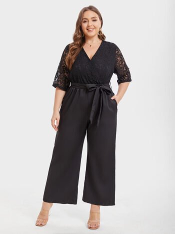 Contrast Lace Pocket Belted Jumpsuit