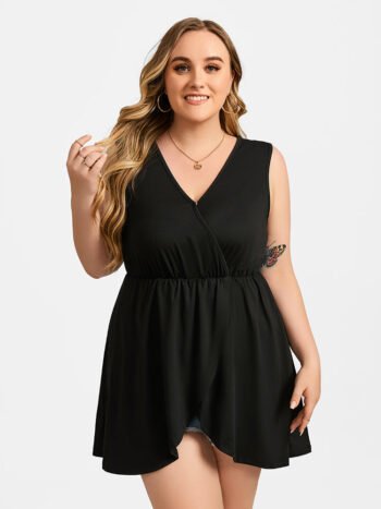Plus Black Crisscross V-Neck Elastic Waist Blouse
