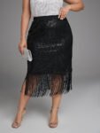 High Waist Fringe Hem Sequin Skirt