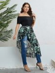 Plus Green Floral Mesh Patchwork Off Shoulder Ruffle Hem T-Shirts