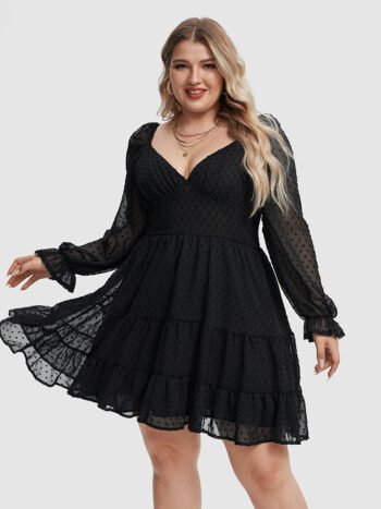 Swiss Dot Flounce Sleeve Ruffle Hem Dress