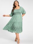 Plus Square Neck Puff Sleeve Ruffle Trim Tiered Midi Dress