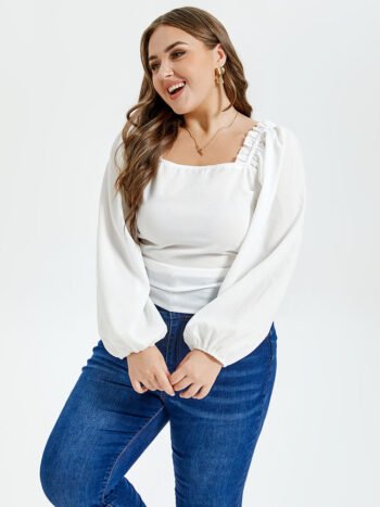 Solid Square Neck Lantern Sleeve Blouse