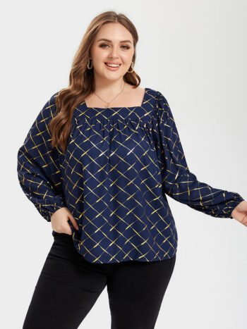 Allover Print Square Neck Lantern Sleeve Blouse
